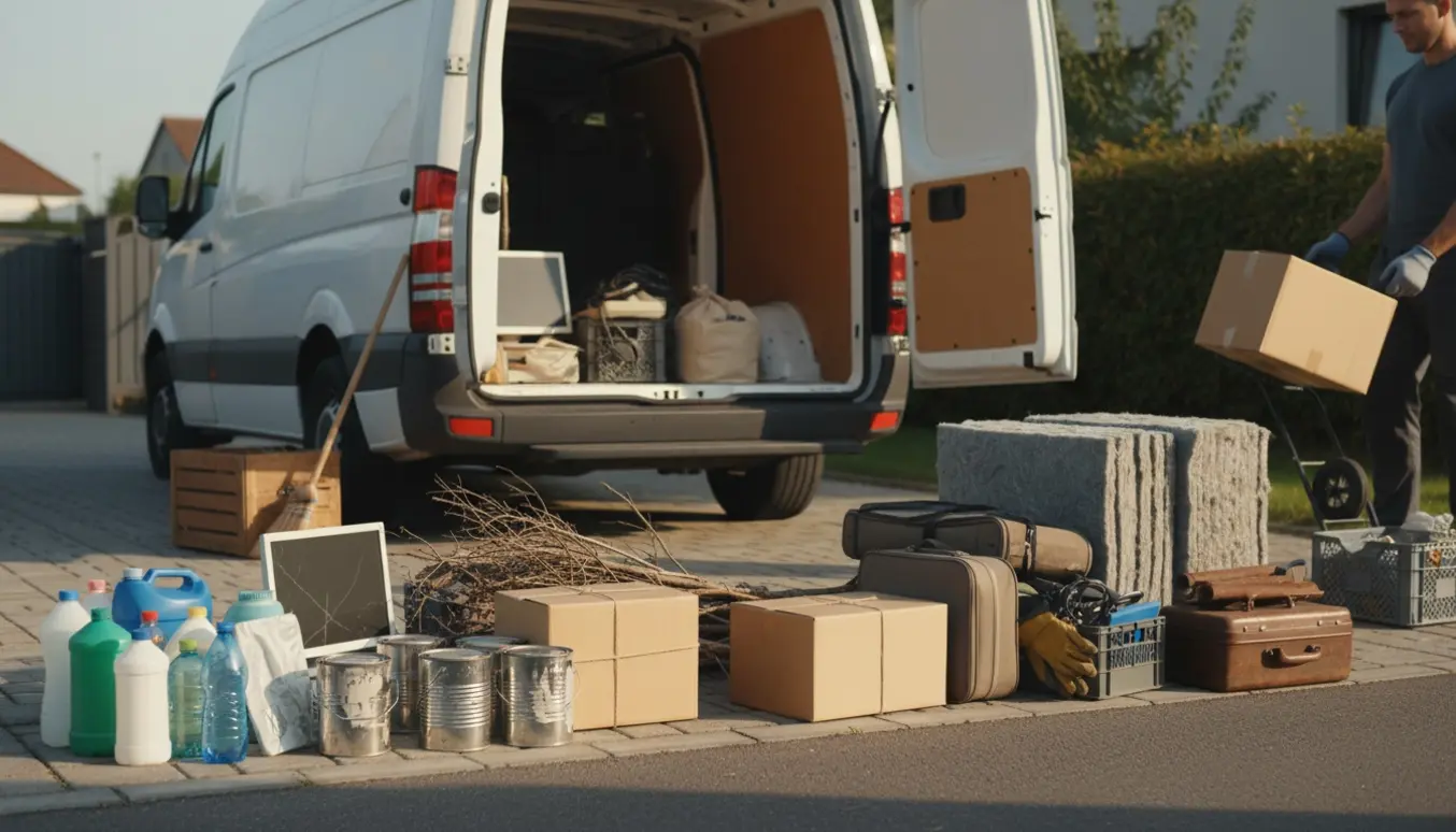 En renovationsmedarbejder læsser sorterede affaldstyper som plastik, maling, elektronik, pap, træ, rockwool og metal i en kassevogn.