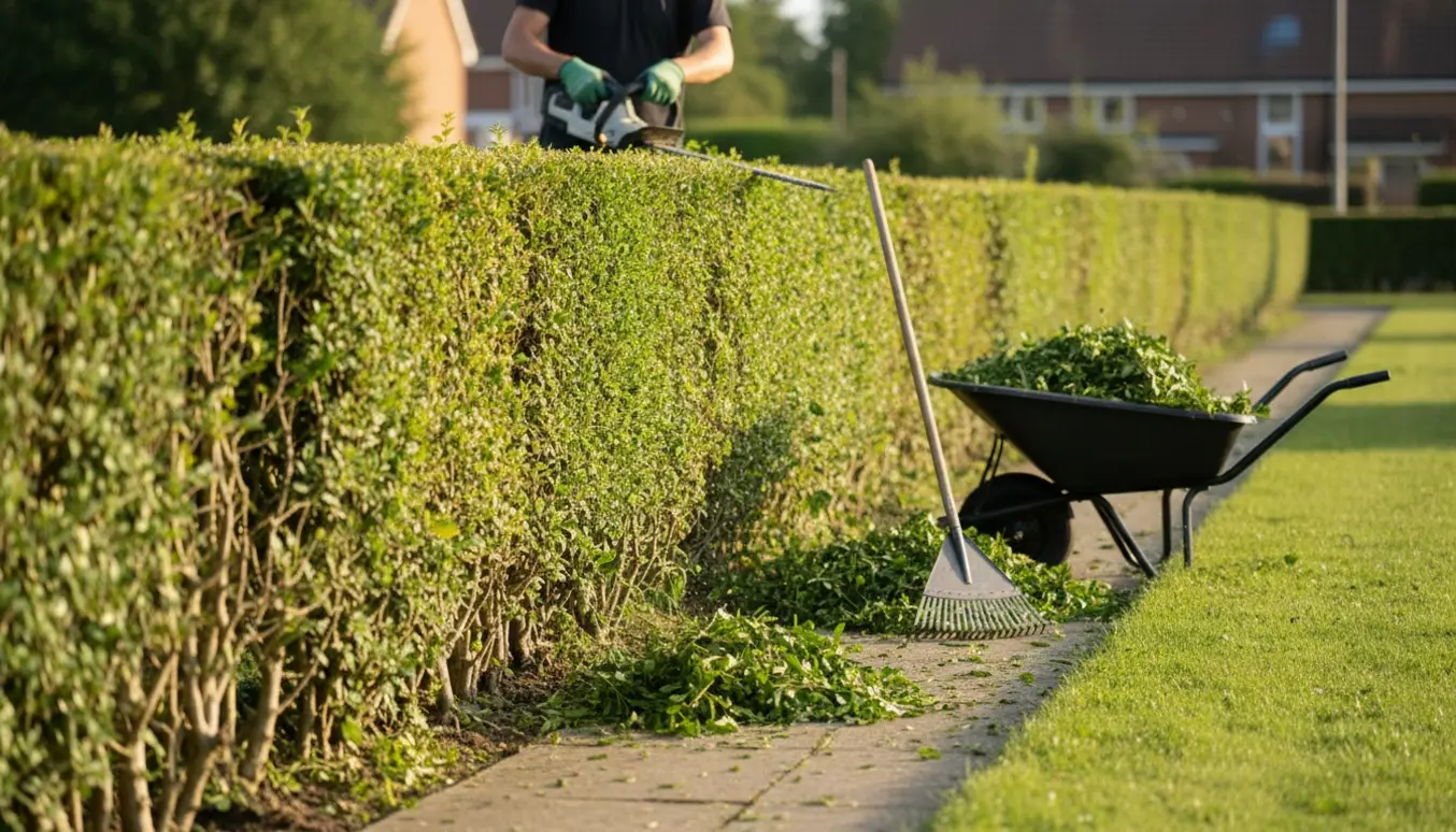 En havearbejder trimmer en lang ligusterhæk med en elektrisk hækkeklipper, mens afklip samles i en trillebør.