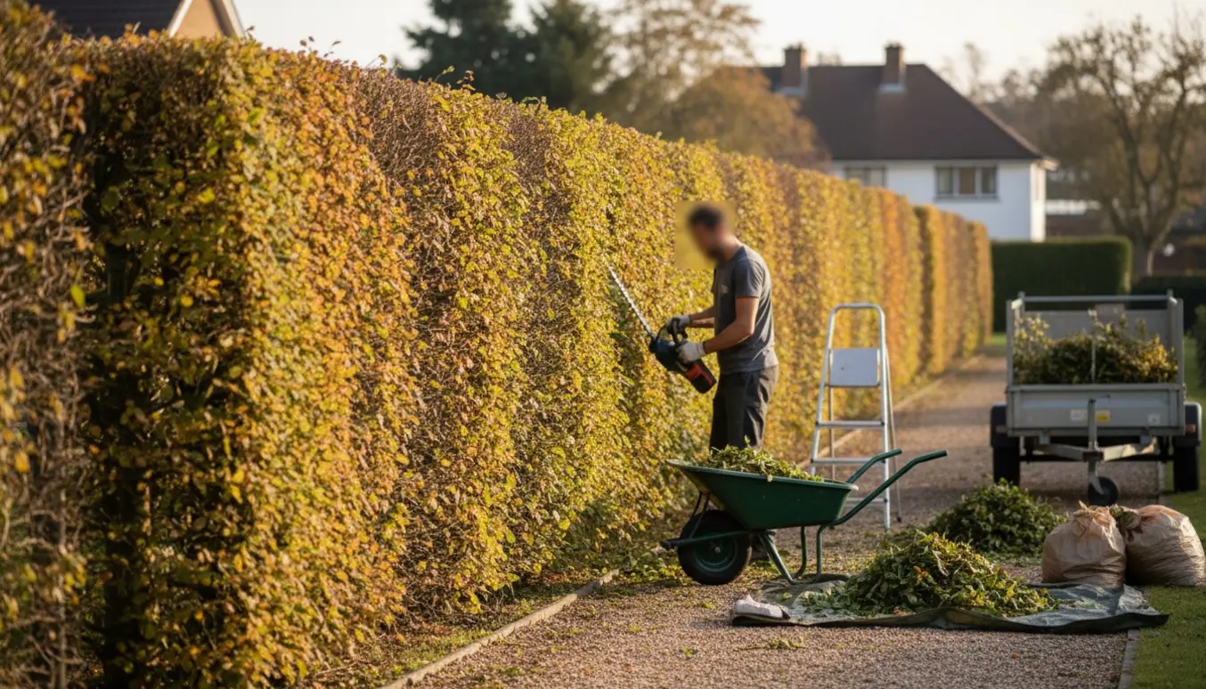 Lang bøgehæk bliver klippet, og afklip samles i trillebør, sække og trailer.