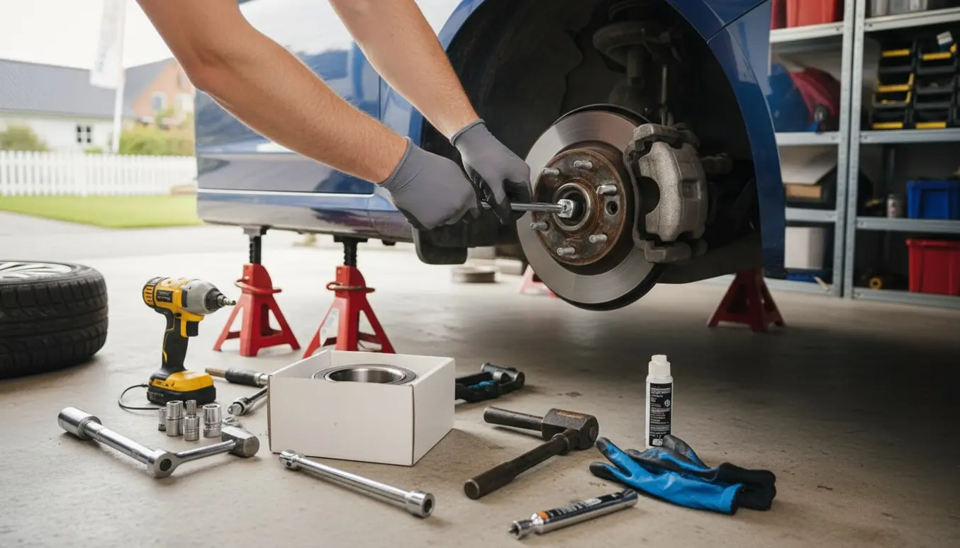 Nærbillede af udskiftning af forhjulsleje på en Ford Mondeo 2011 med hjul taget af, nyt leje og værktøj ved siden af og hænder i arbejde.