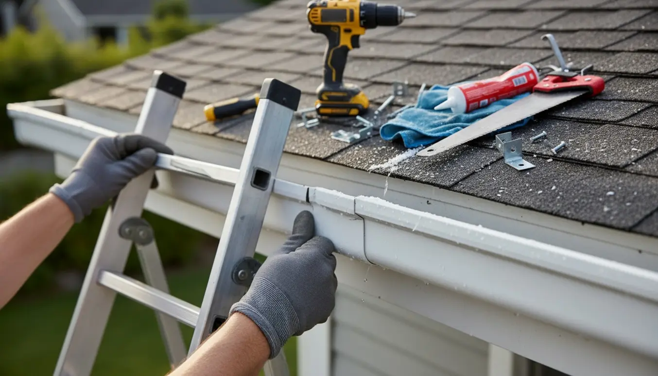 Handskerede hænder udskifter en utæt plastiktagrende fra en stige ved husets tag.