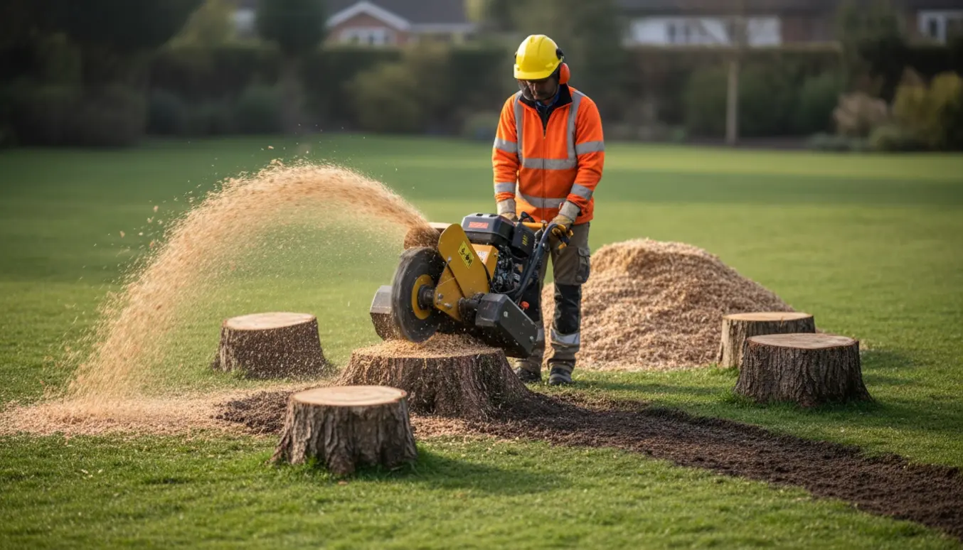 Professionel stubfræsning i en villahave med maskine, flis og et ryddet område.
