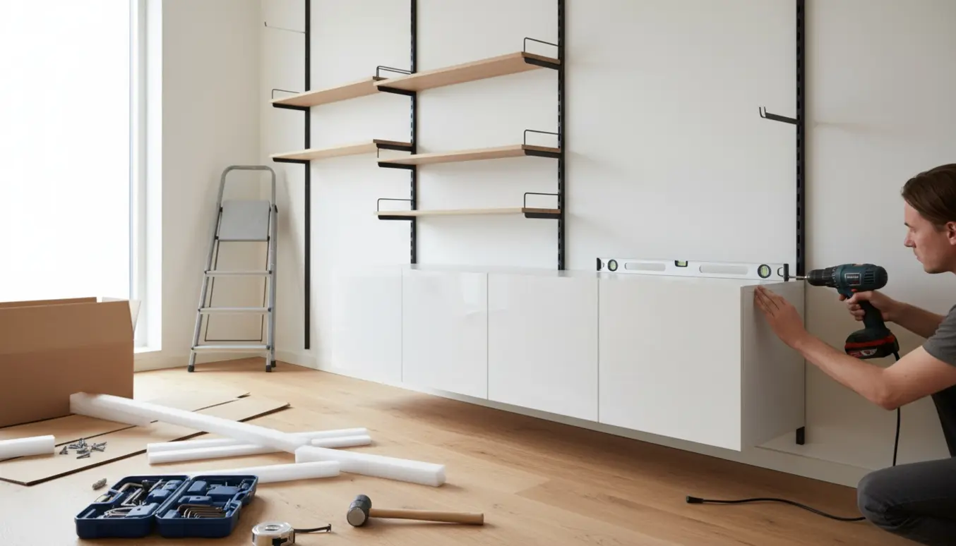 Lys stue hvor to samlede skabe og en væghængt reol monteres med værktøj i forgrunden.