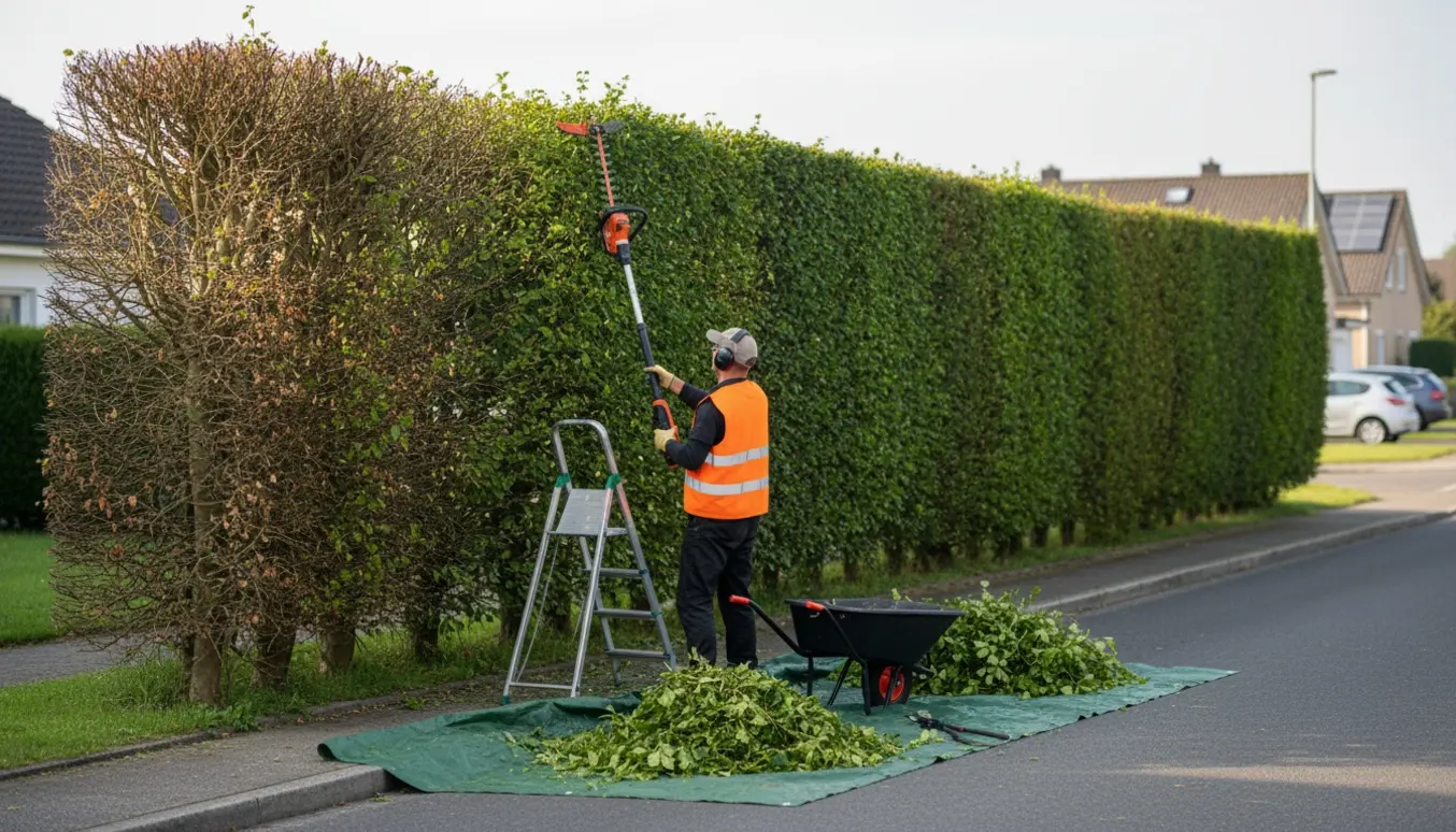 Gartner trimmer en lang hæk langs vejen, med friske afklip samlet på fortovet.