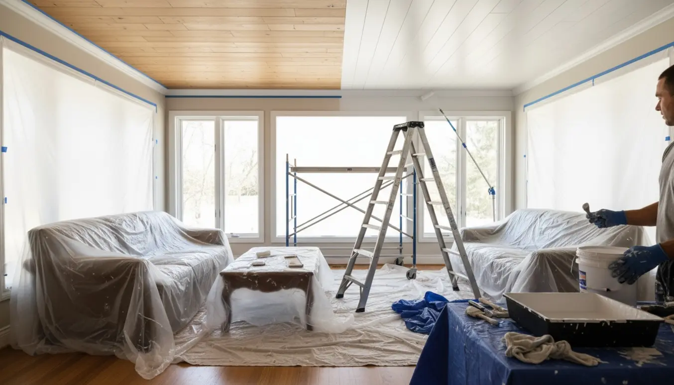Delvist malet ludet træloft i et rum med afdækkede møbler og malerværktøj.