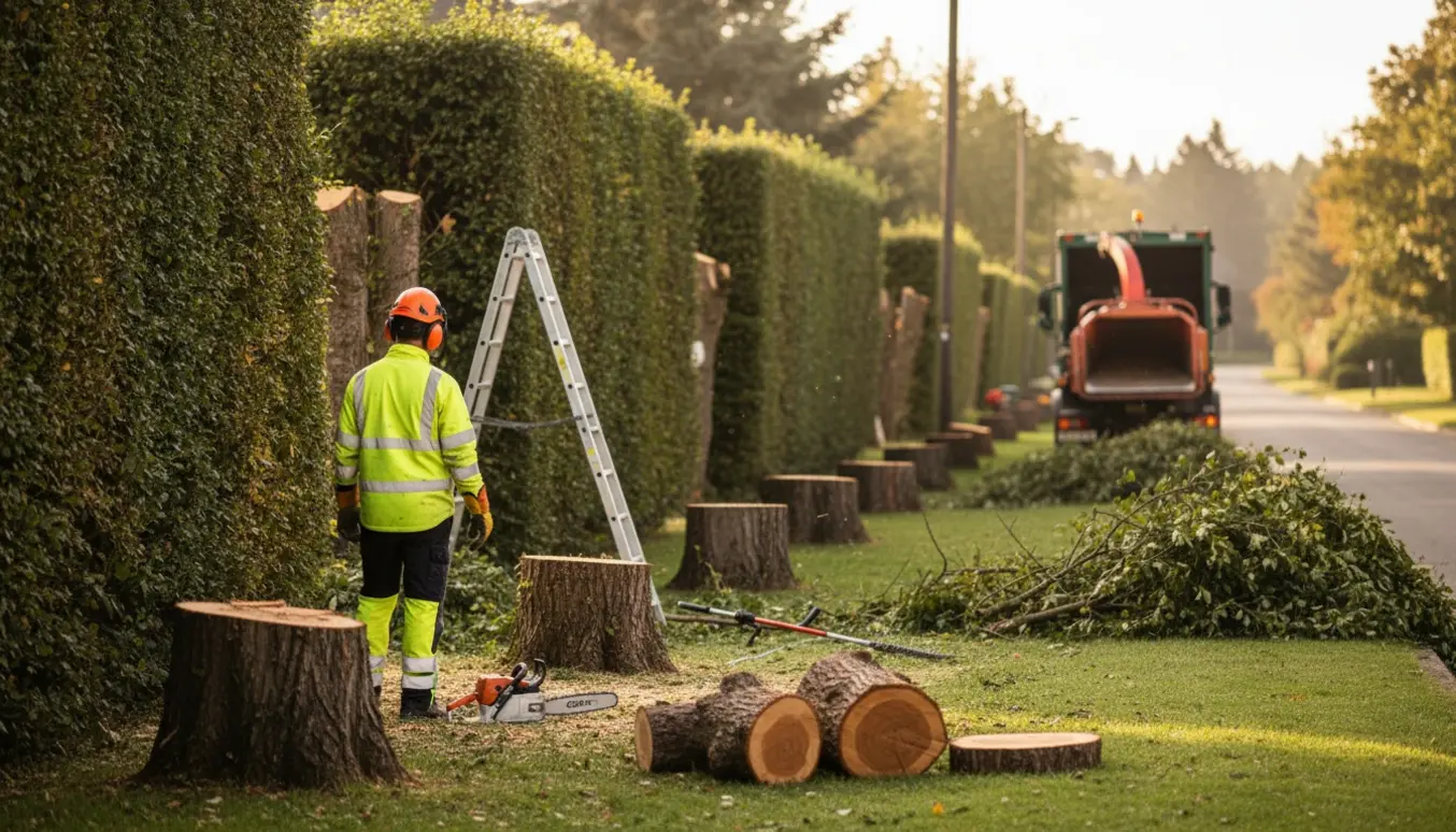 Hæk under fældning til 180 cm med skårne stammer, bunker af grene og en arbejder med hjelm set bagfra.