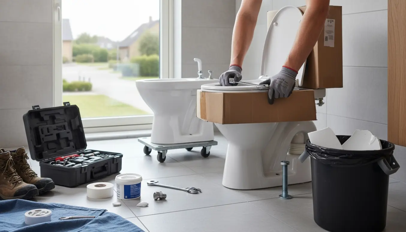 Toiletudskiftning i et lyst badeværelse med nyt toilet, værktøj og arbejdshandsker uden synlige ansigter.