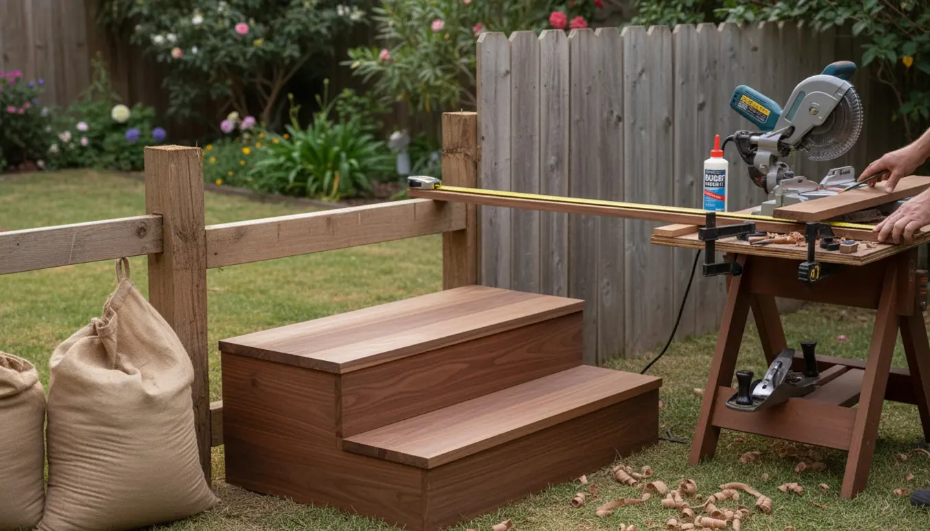 Udendørs snedkerarbejde med afkortet plankeværk og IPE-trappetrin med præcise smigskårne hjørner.