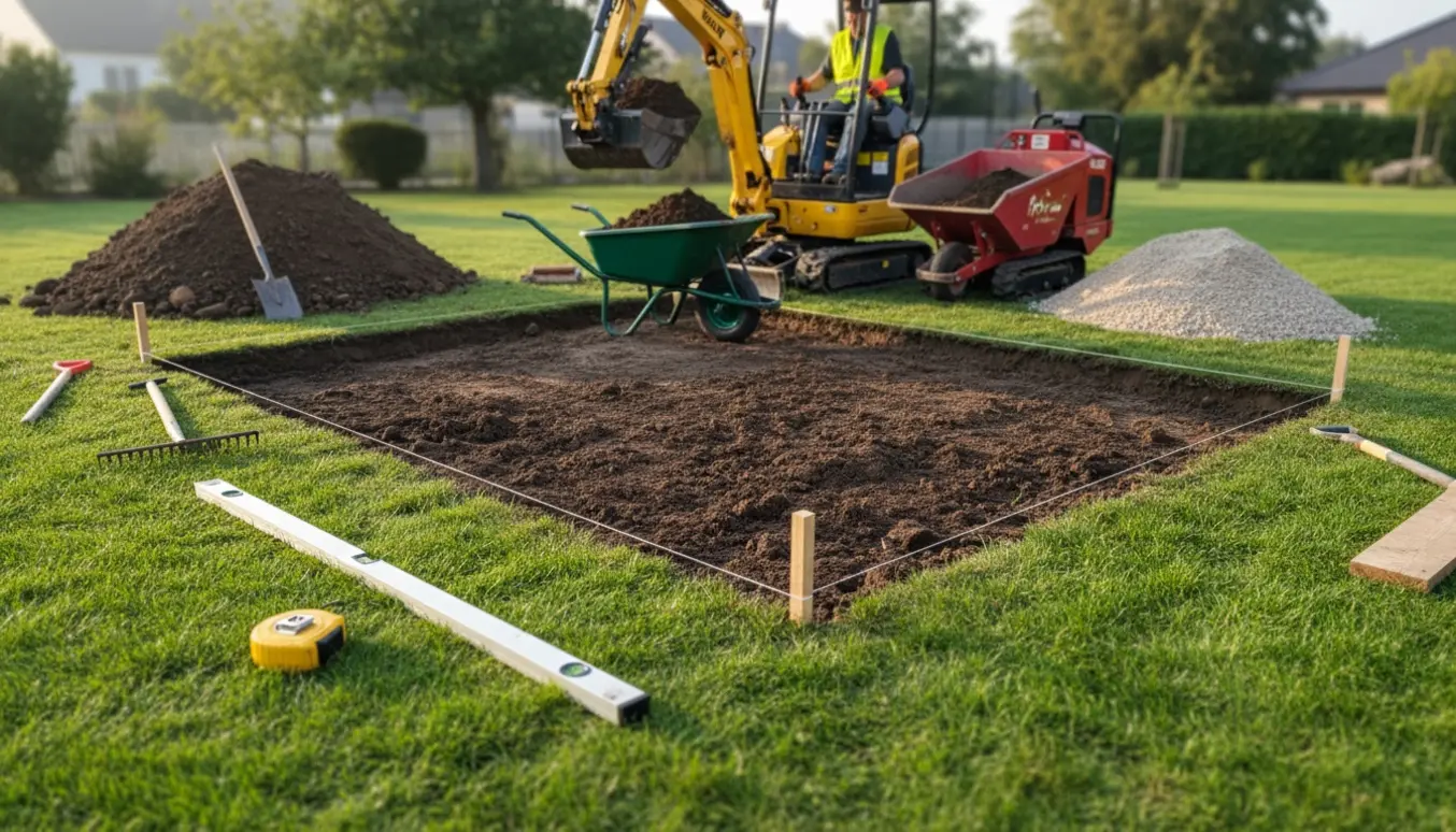 Udgravning til terrasse i baghave med minigraver, jordbunker og afmærkede kanter.
