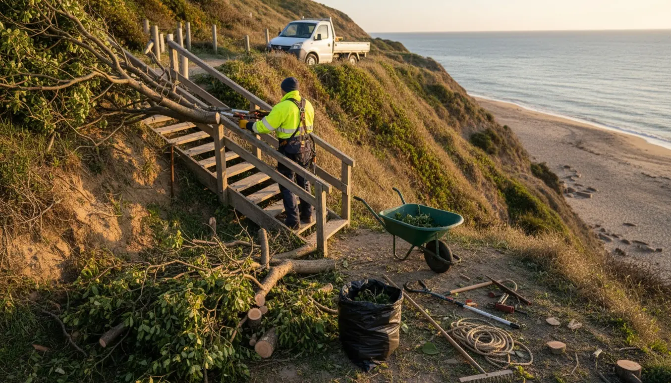 Person beskærer og fjerner større grene på en stejl skrænt ved stranden med værktøj og grene klar til bortkørsel.