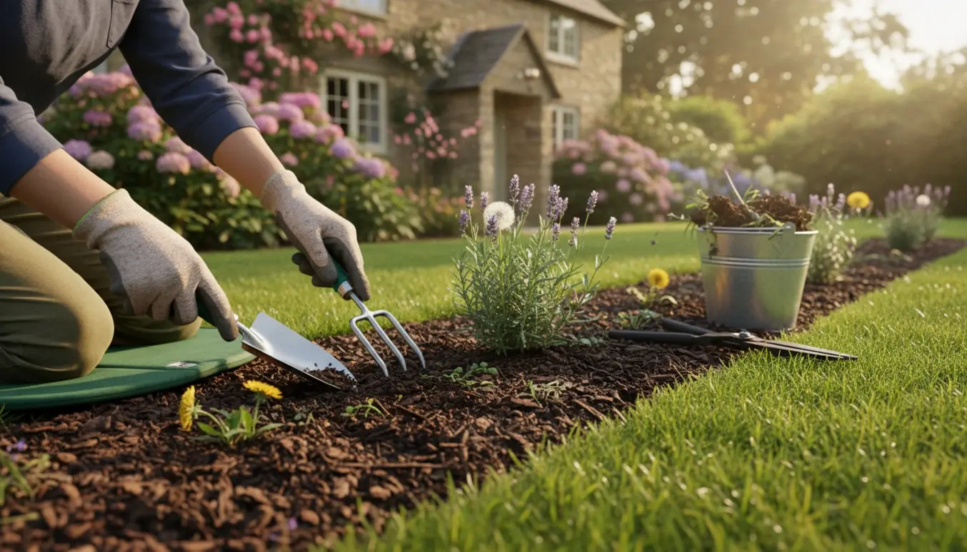 Hænder luger et blomsterbed og trimmer græskanten ved huset.