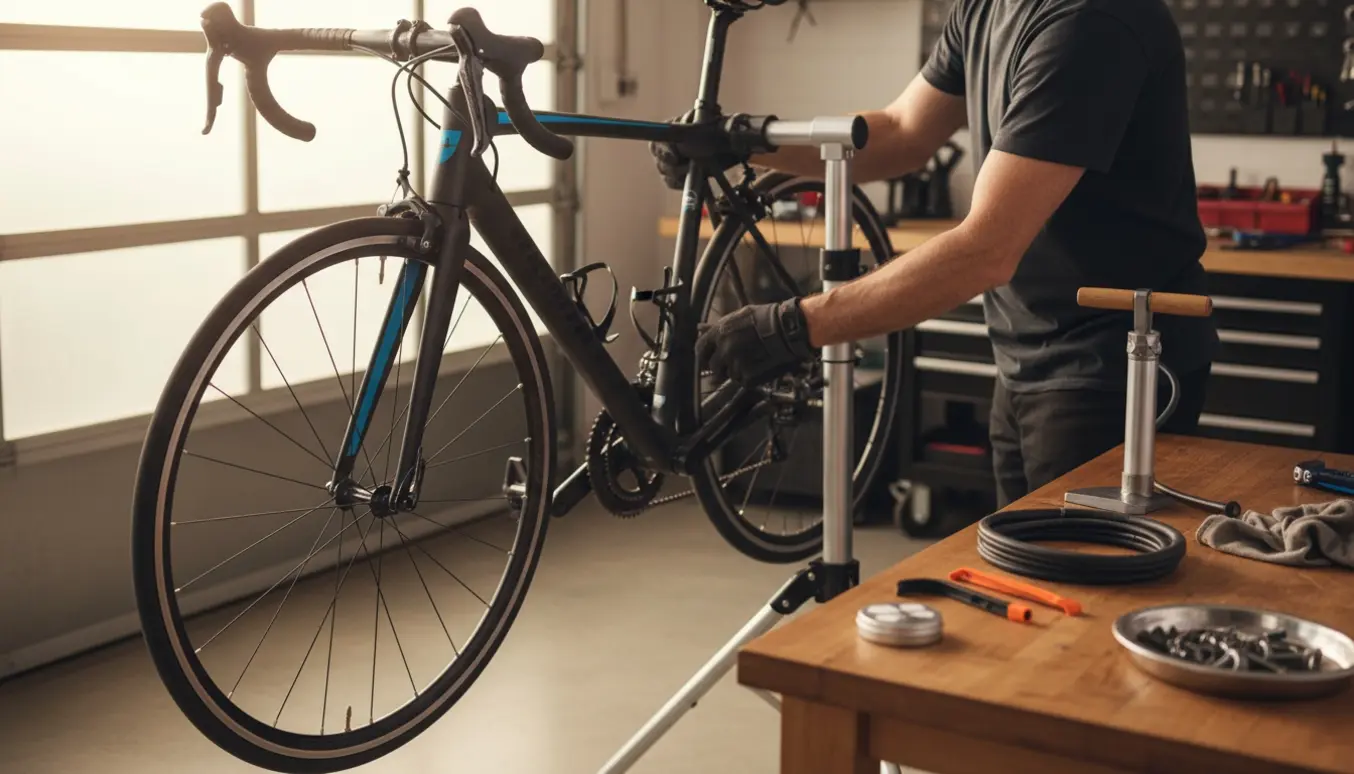 Nærbillede af cykel på reparationsstativ med håndværker, hjul taget af og ny slange samt værktøj klar til montering.