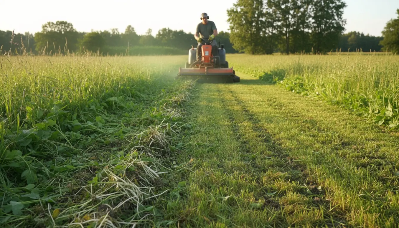 Stor græsplæne med højt græs og skvalderkål, hvor en maskine har skåret brede striber af nyklippet græs.