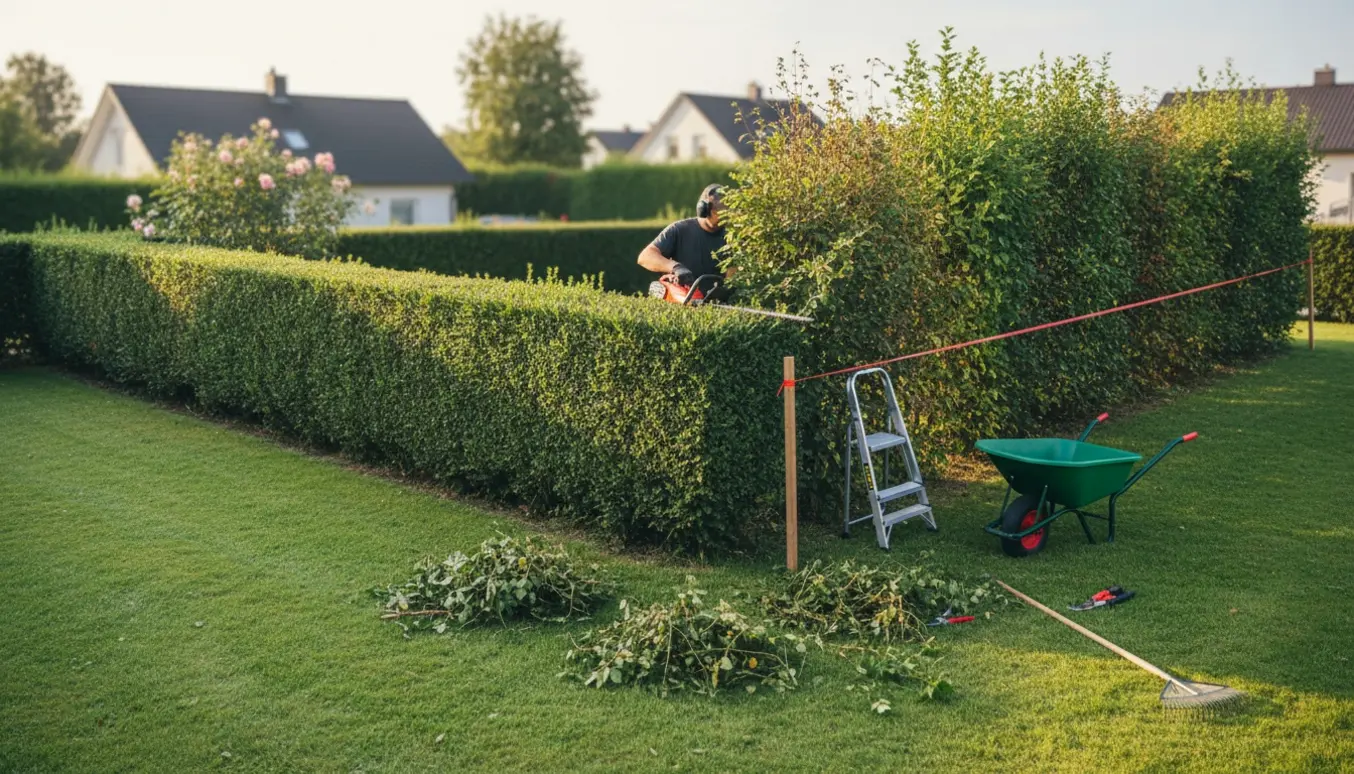 En person set bagfra klipper hæk ved et hjørne af en grund med en snor som højdeguide og afklippede grene i en trillebør.