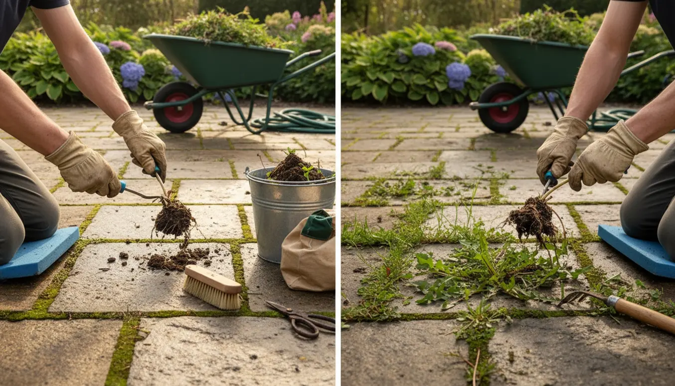 Nærbillede af hænder, der fjerner ukrudt mellem havefliser med værktøj og en ryddet sektion ved siden af.