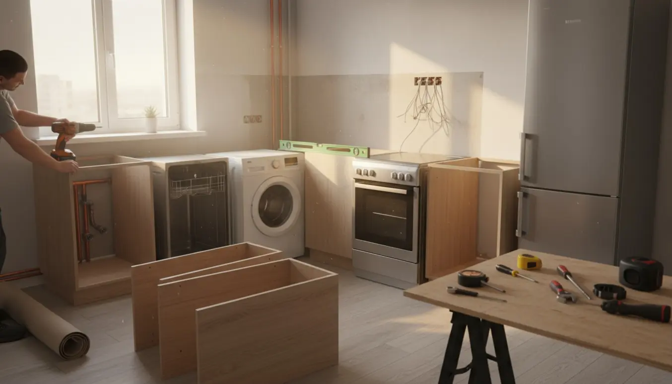 Renovering af et lille 6 m² køkken med nye skabe og hvidevarer klar til montering.