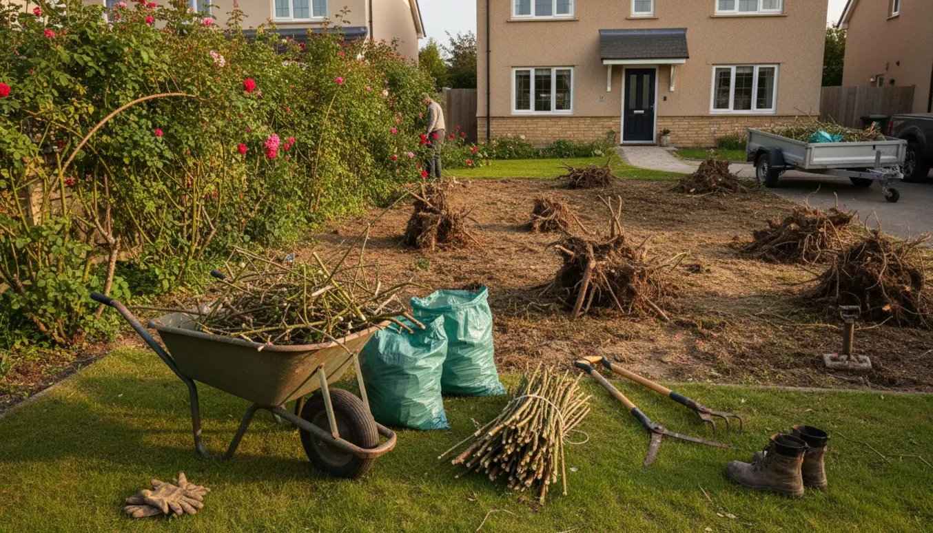 En ryddet forhave med fjernede buske, synlige rodklumper, værktøj og trillebør klar til bortkørsel.