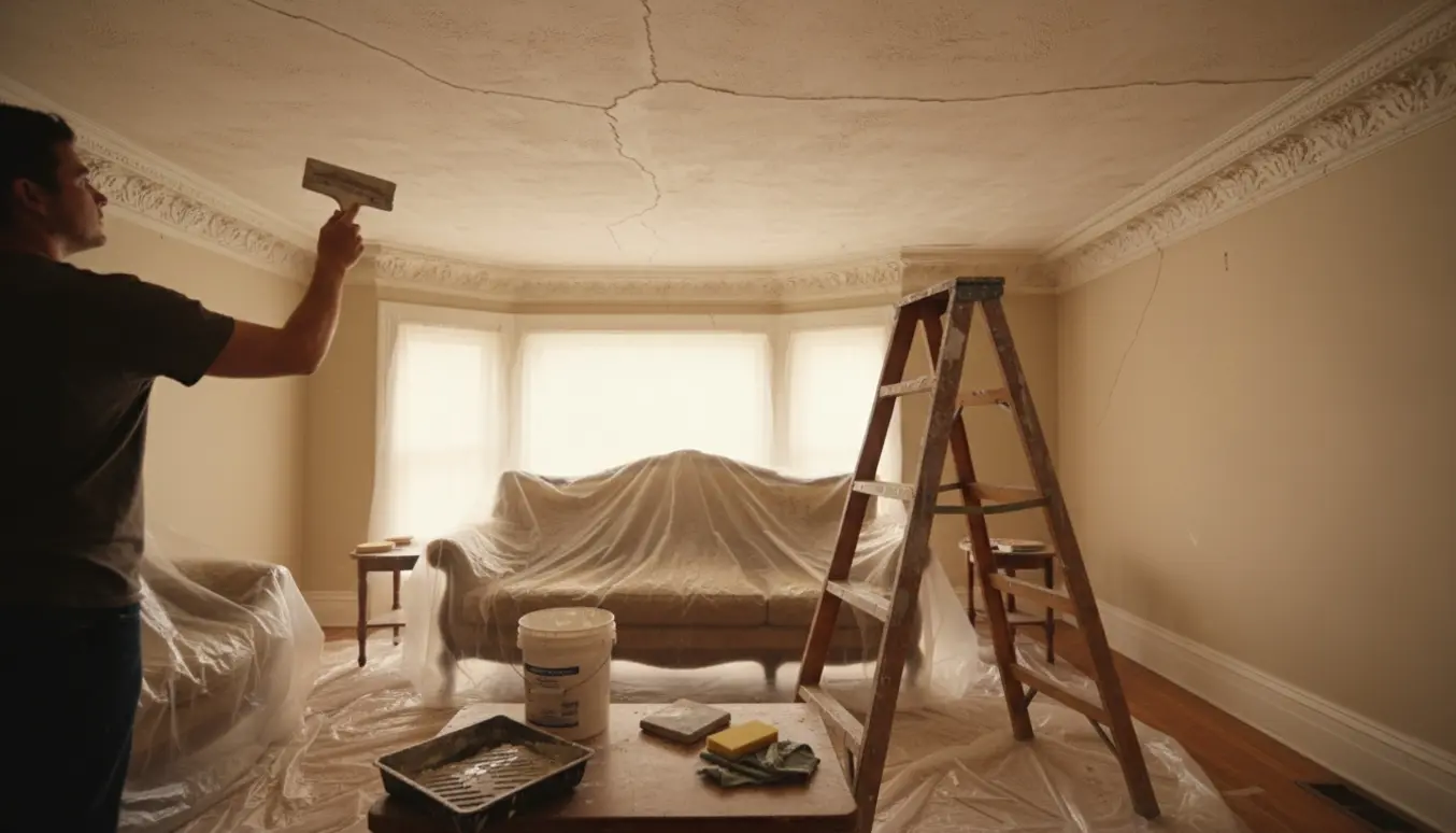 Hænder spartler en revne i et gammelt stukloft i en stue, mens møbler er dækket til.