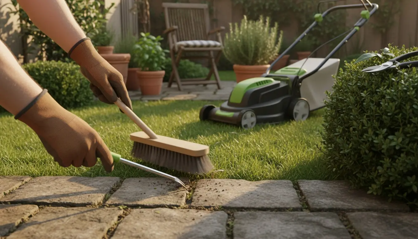 Nærbillede af havearbejde med handsker, ukrudtsfjerner mellem fliser, feje, plæneklipper og hækkeklipper i lille baghave.