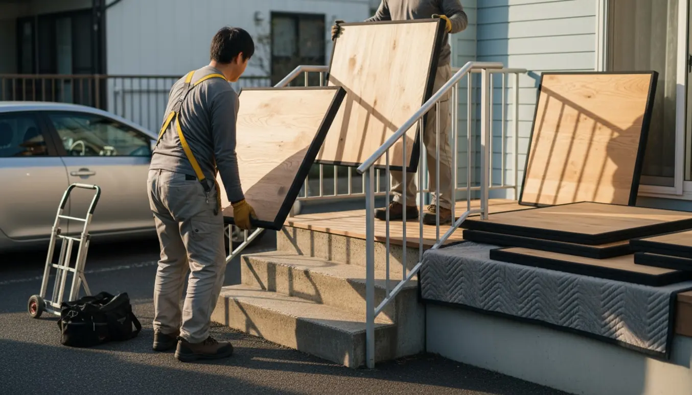To personer bærer træelementer op ad en udendørstrappe og lægger dem på terrassen.