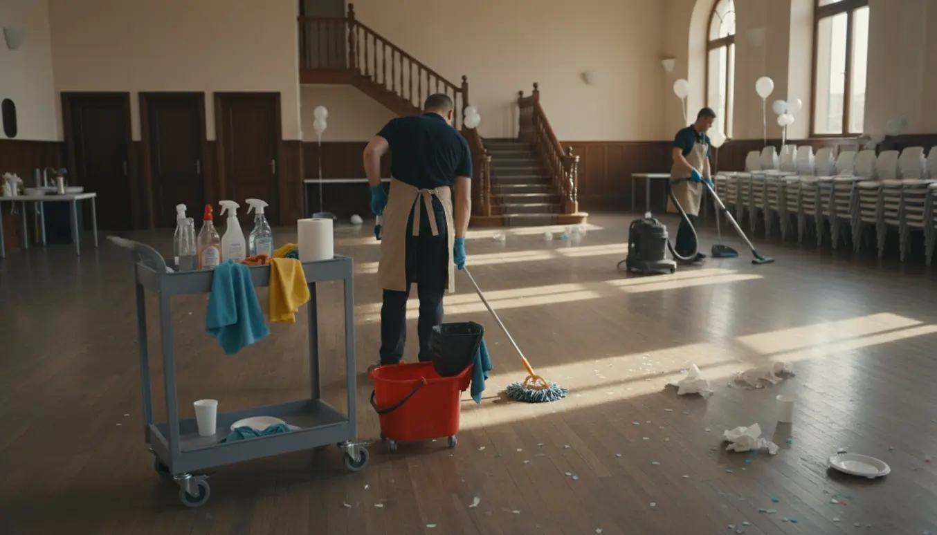 Rengøringsperson set bagfra vasker gulv og rydder et selskabslokale efter barnedåb med moppe, støvsuger og stablede stole ved trappen.