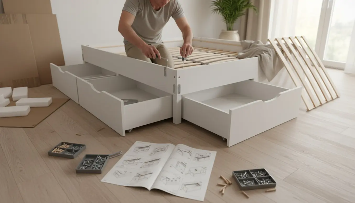 Delvis samlet Brimnes-seng med åbne opbevaringsskuffer og hænder, der bruger unbrakonøgle i et lyst soveværelse.