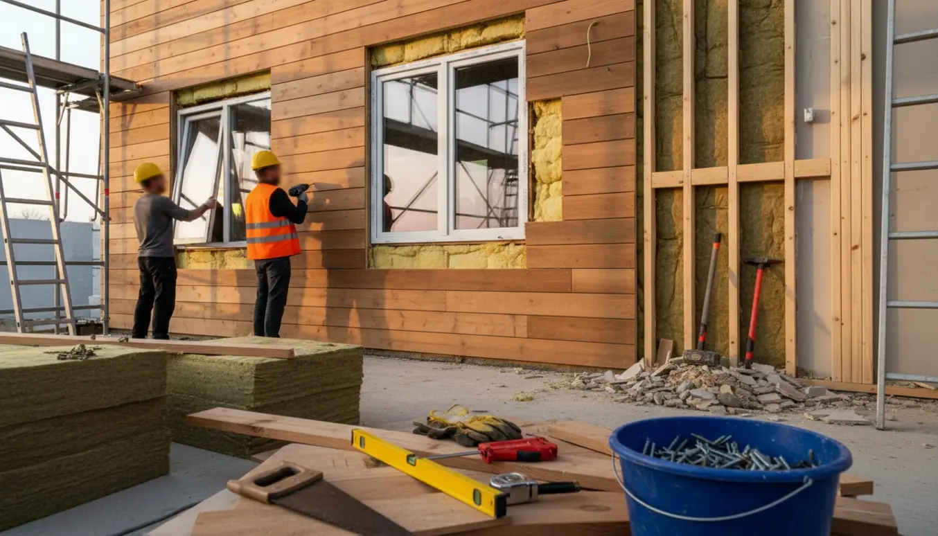 Udvendig træbeklædning og isolering monteres, to vinduesrammer indsættes, og en indvendig væg er delvist revet ned.