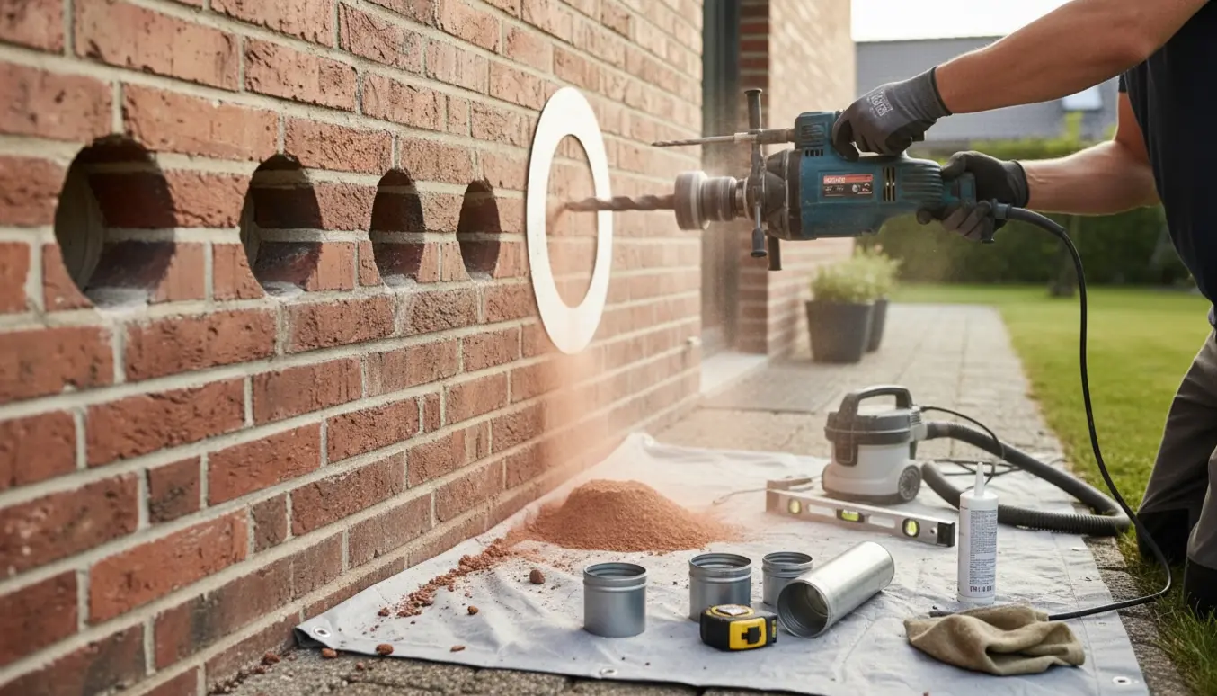 Nærbillede af værktøj og fire præcist borede ventilationshuller i en mur klar til montering.