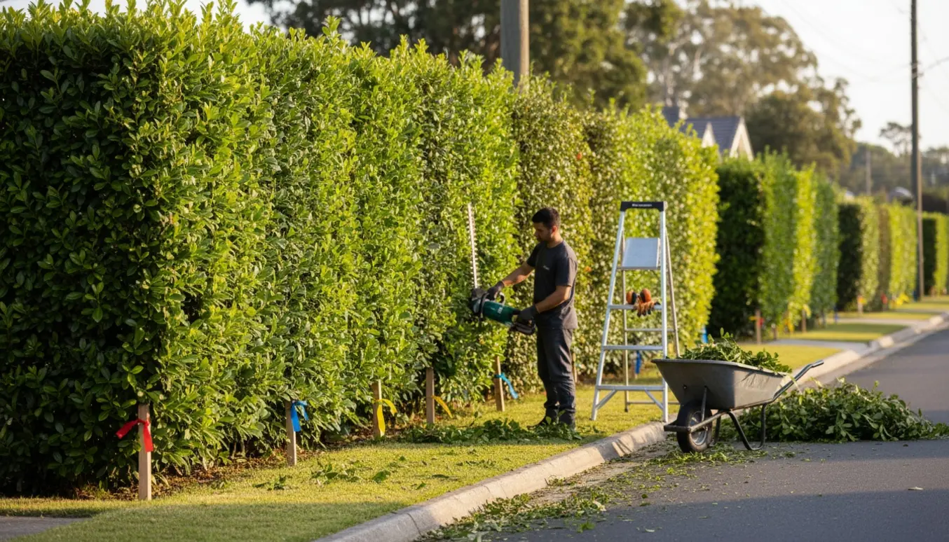 Lang miabella-hæk langs vej, den ene side nyskubbet med hækkeklipper og afklip i trillebør.