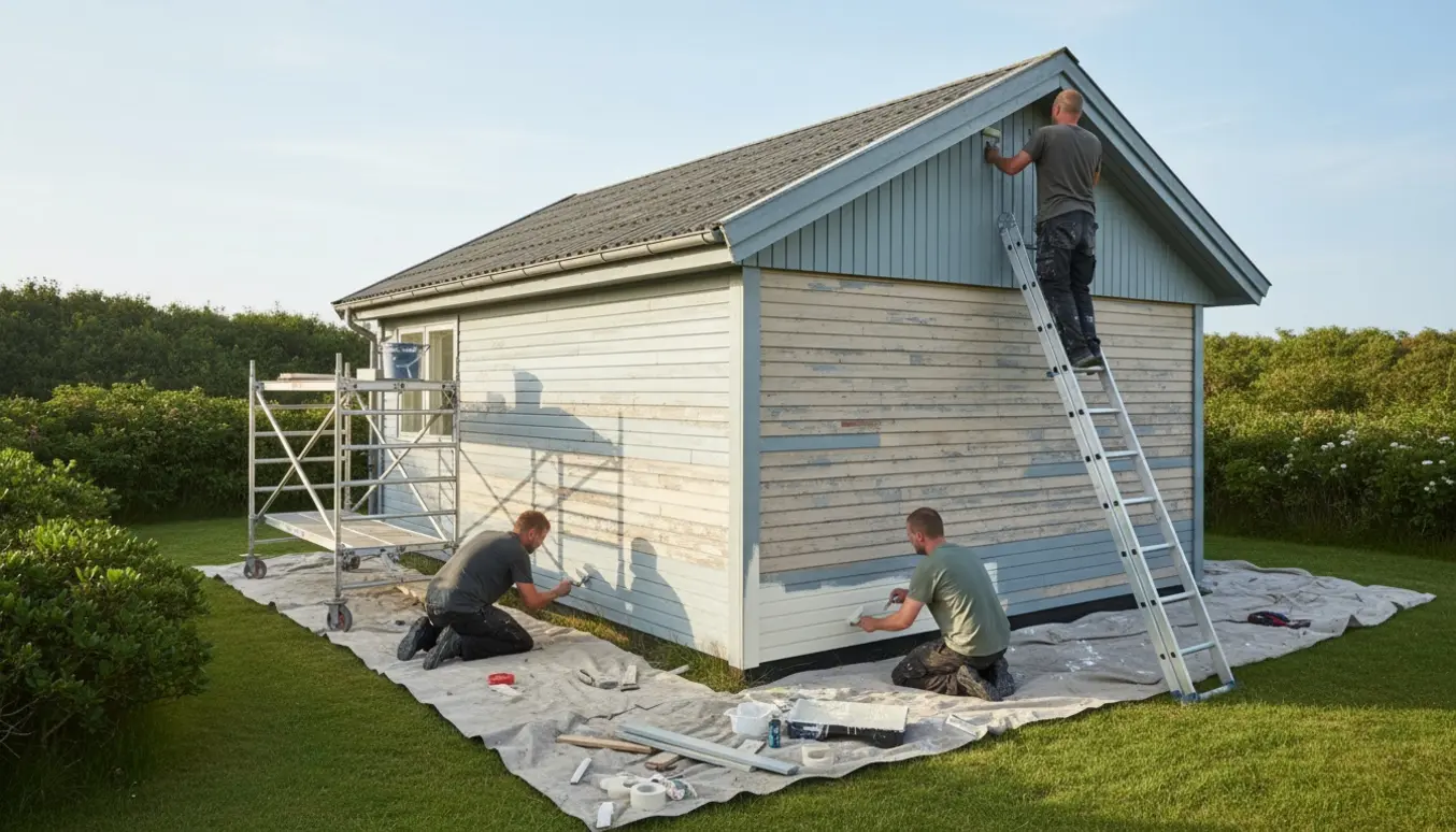 Sommerhus med profilerede træplader, hvor håndværkere maler facaden op til kip med forlængelsesrulle og stige.
