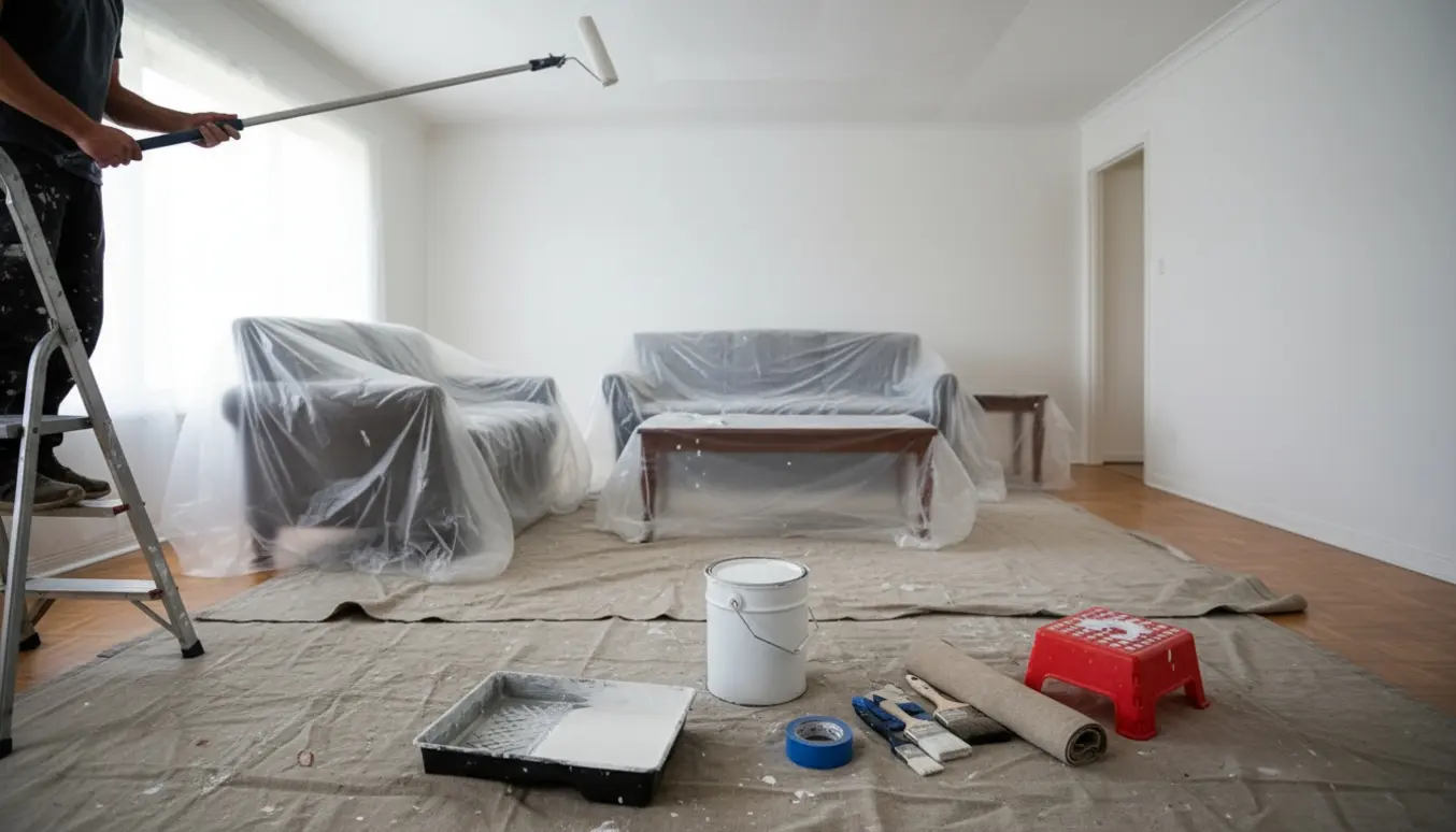 Lys stue under malerarbejde med hvid maling, værktøj og møbler dækket til.