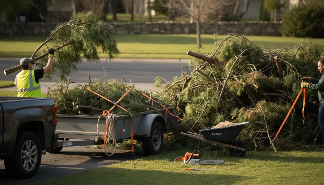 Fyrretræsgrene læsses på en trailer ved indkørslen, klar til bortkørsel.