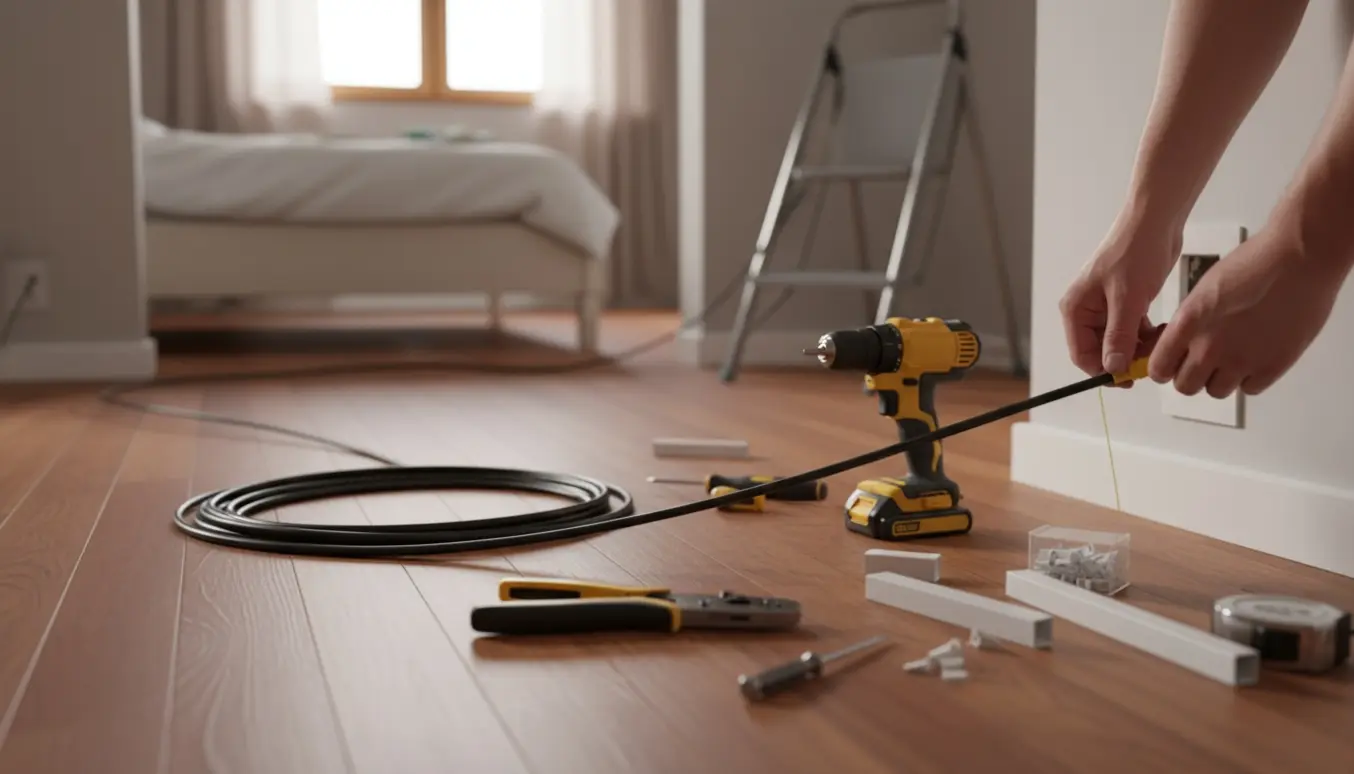 Hænder trækker et antennekabel fra stue mod soveværelse langs gulvet med værktøj ved siden af.