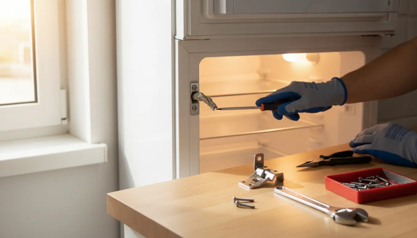 Nærbillede af et køle-fryseskab med ødelagt øverste hængsel, hænder med handsker monterer et nyt hængsel med værktøj.