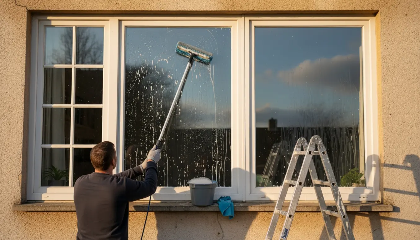 Vinduespudser rengør et vindue med sprosser og to store vinduer udvendigt fra en stige på 1. sal.