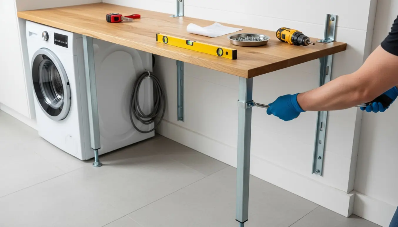Et solidt 70 cm højt monteret bord over en vaskemaskine i et lyst vaskerum med værktøj og åben plads under.