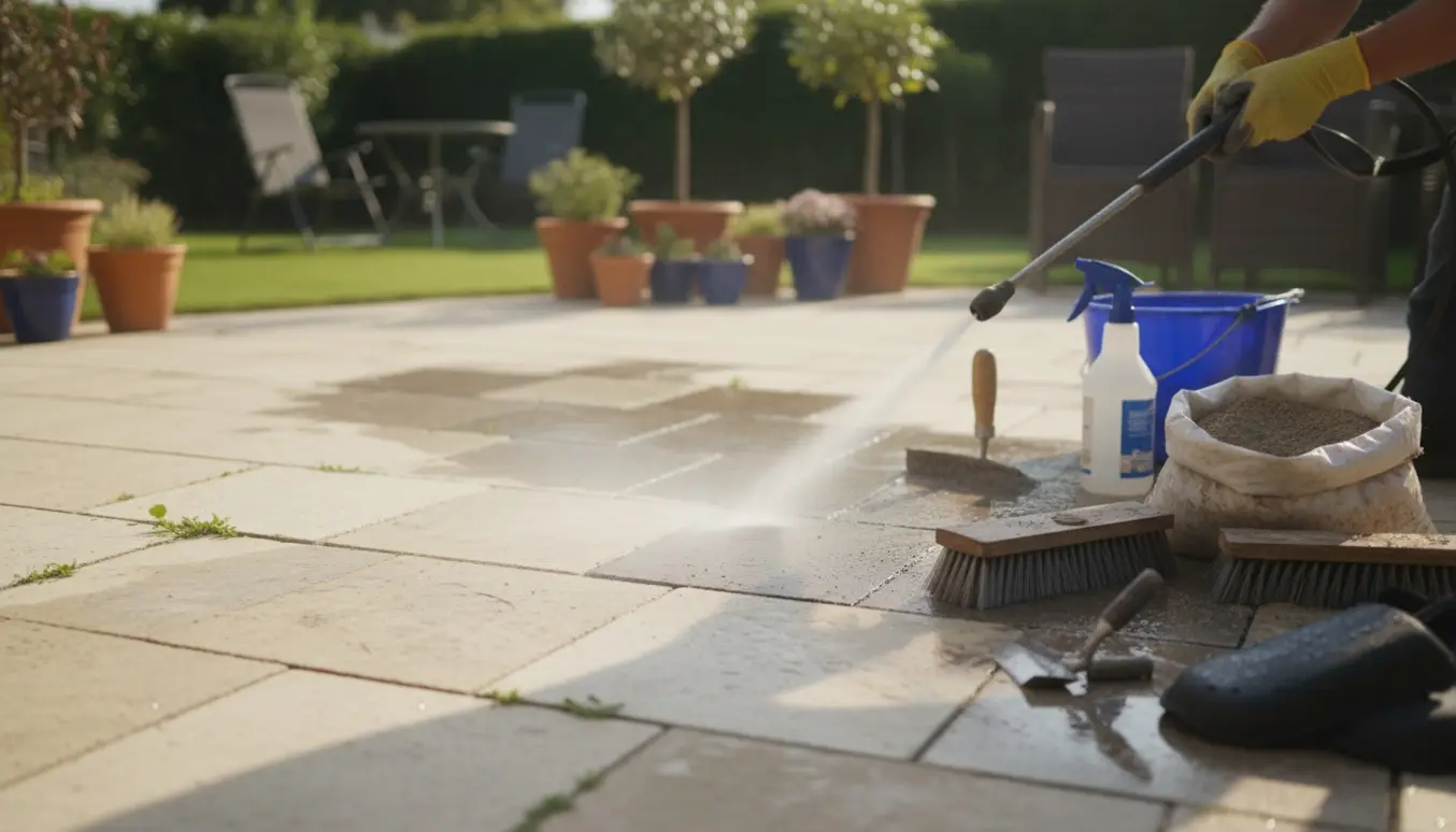Nærbillede af rensning af havefliser med højtryksrenser og redskaber, hvor snavs fjernes og fugesand ligger klar.