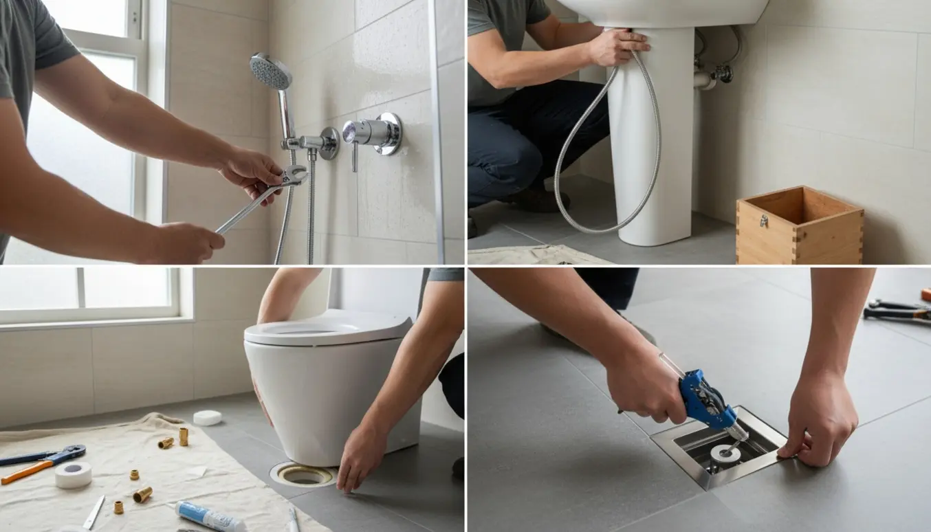 Nærbillede af VVS-installation i et badeværelse med montering af bruser, håndvask på søjle, toilet og udskiftning af afløbsrist.