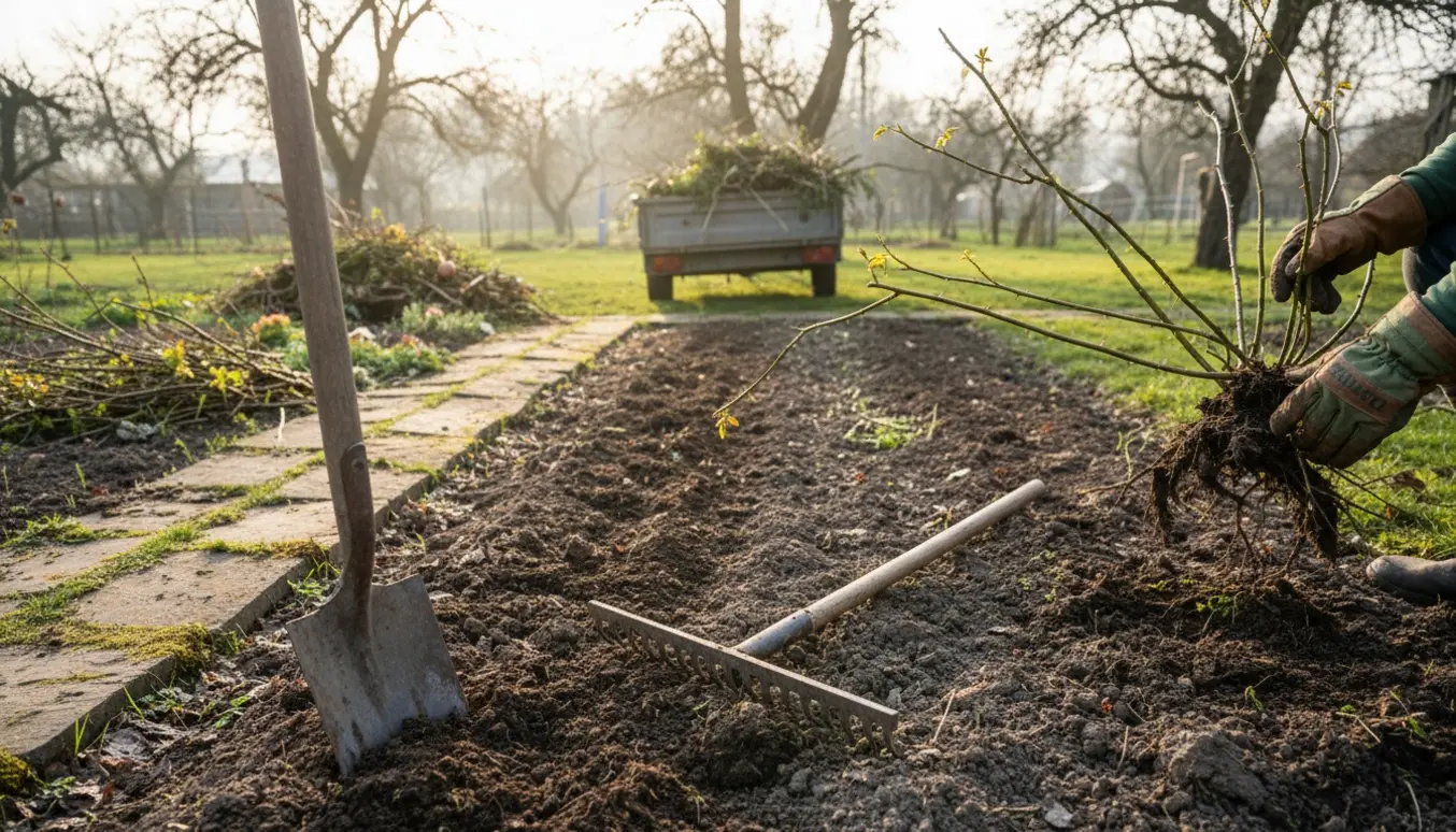 Forårsoprydning i gammel have med spade i jorden, opgravet vildrose og trailer til haveaffald.