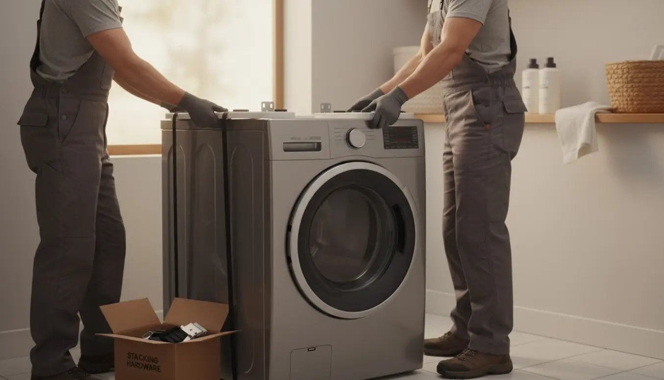 To personer løfter en tørretumbler op på en vaskemaskine i et lyst, ryddeligt bryggers.