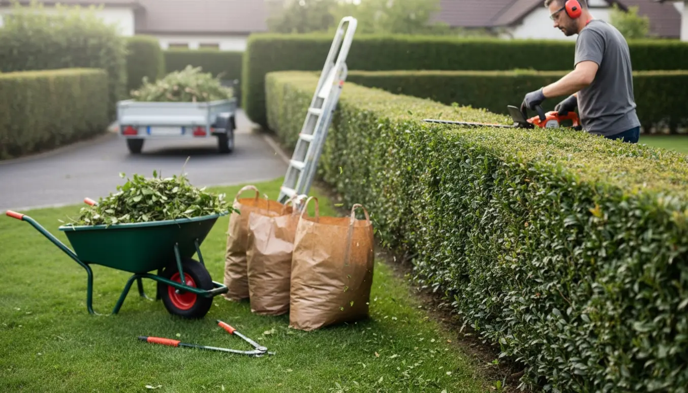 En person trimmer en lang hæk, mens afklip samles i trillebør og haveaffaldsposer.