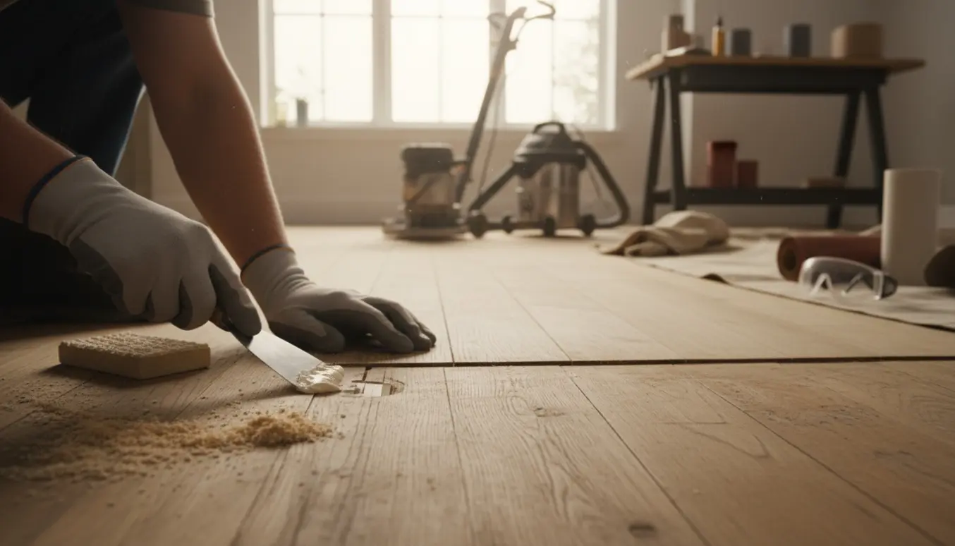 Hænder fylder og sliber et gammelt køkkengulv i et solbelyst køkken.