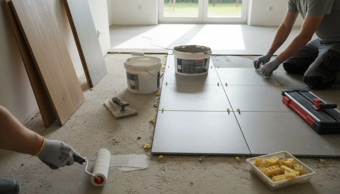 Entre under omlægning med delvist fjernet trægulv, nye fliser lagt med kile- og fugeudstyr ved vinduesfacaden.