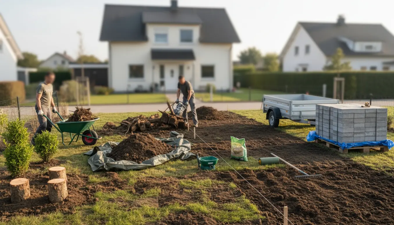 Forhave under renovering med beskårne buske, bunker af rødder, stakkede betonfliser og udjævnet jord klar til såning.