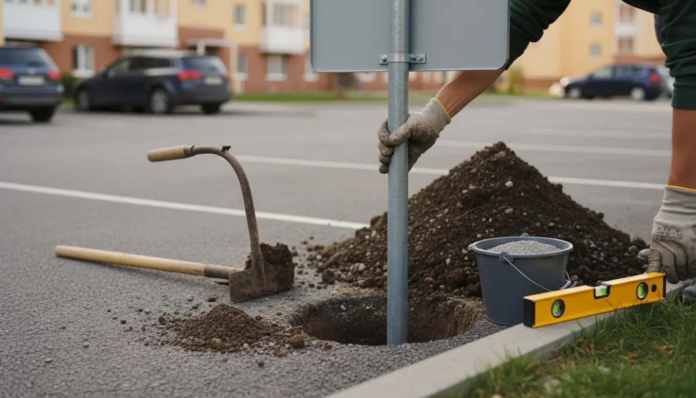 Nærbillede af en person, der sætter en blank handicapskiltstolpe i et gravet hul ved en parkeringsplads.