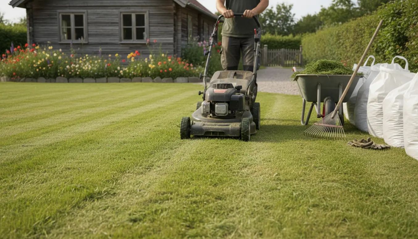 Nyligt klippet græs ved et sommerhus med plæneklipper og fyldte affaldssække ved siden af.