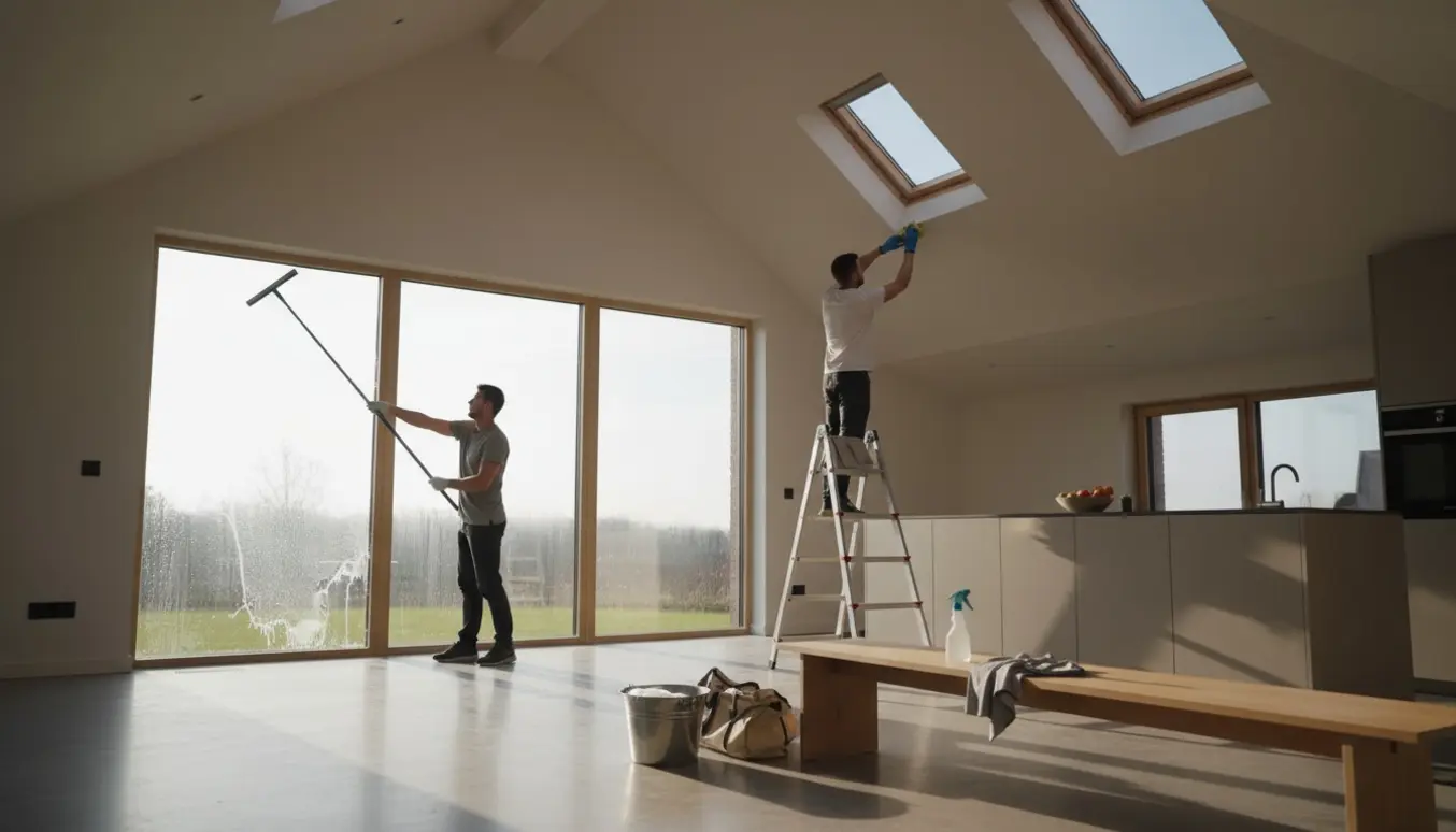 Vinduespudsning indvendigt i et højt rum med gulv-til-loft-vindue og to Velux-tagvinduer, redskaber og hænder i arbejde.