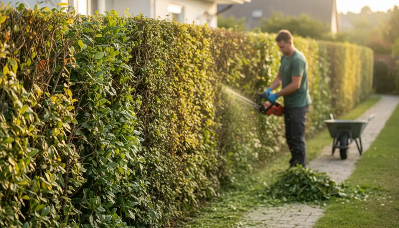 Lang hæk på ca. 40 meter, hvor en person trimmer toppen og kun den ene side med en hækkeklipper.