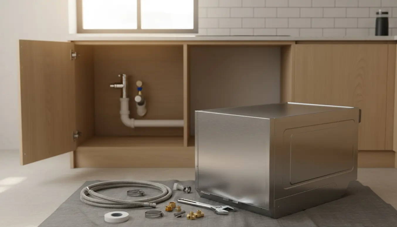 Åben køkkenskab med blottede vandtilslutninger og en ny opvaskemaskine med slanger klar til installation.