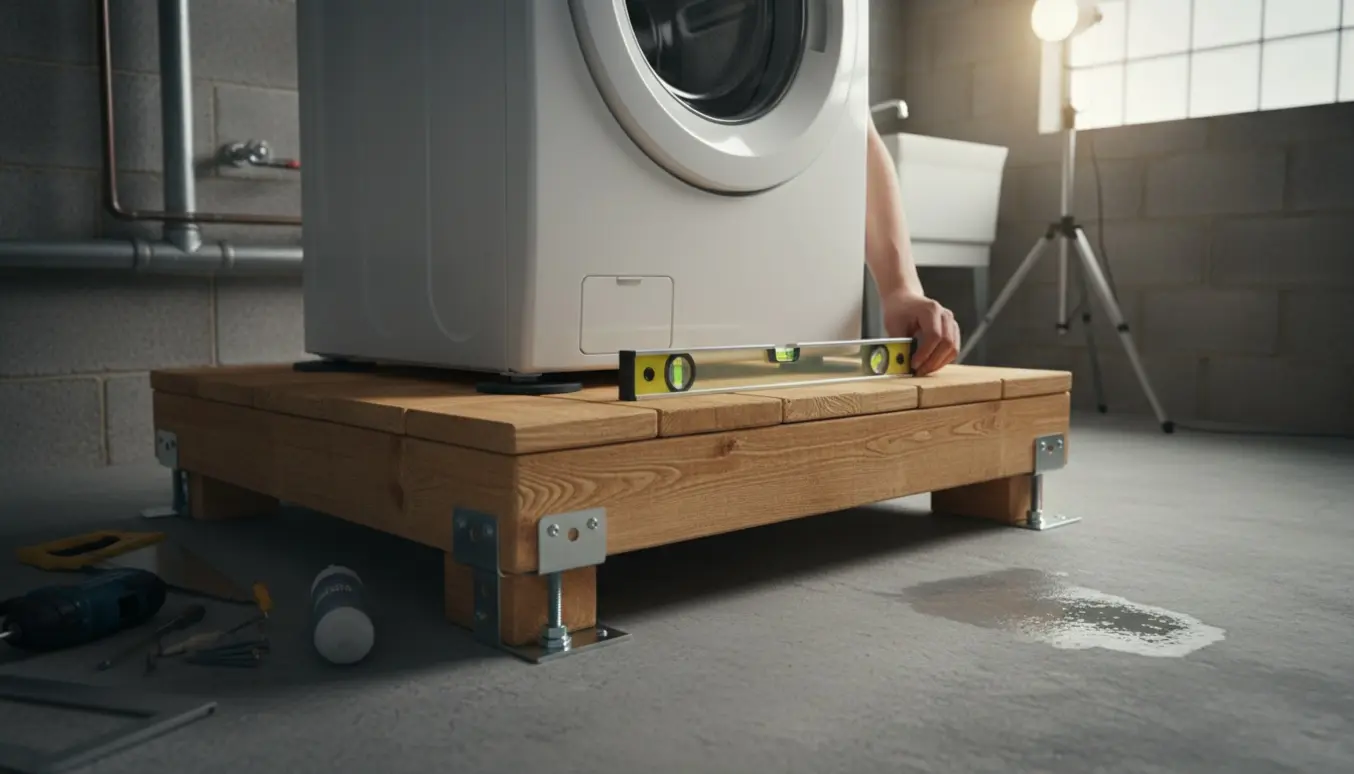 Vaskemaskine står stabilt på en træplatform med vaterpas og anti-vibrationsmåtter i en kælder.